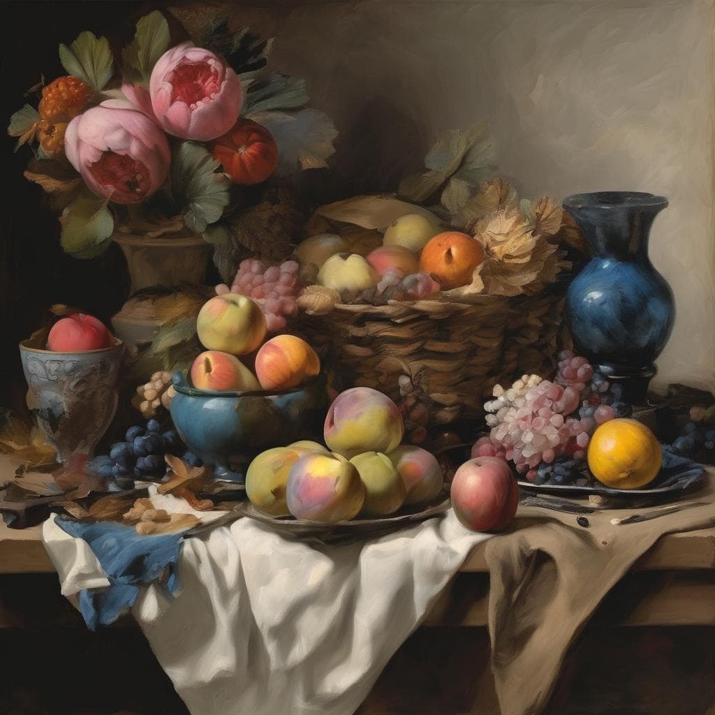 Λουλούδια και φρούτα σε κλασικό ρεαλιστικό still life, έγχρωμη απεικόνιση ζωγραφικής από διαχρονικούς καλλιτέχνες.