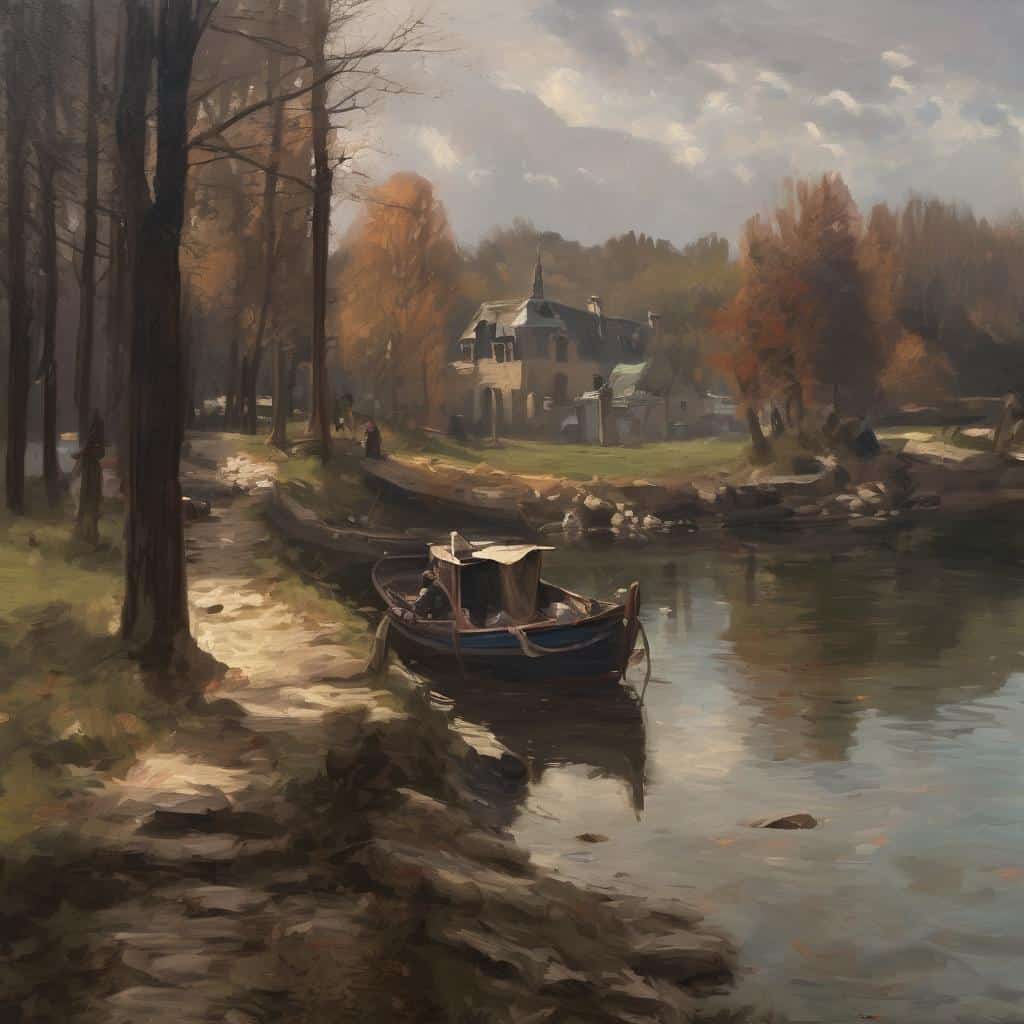 Άνθρωποι σε ελαιογραφία στην παραλία με σκάφος και φθινοπωρινά δέντρα, καλλιτεχνικές βιογραφίες από διαφορετικές εποχές.