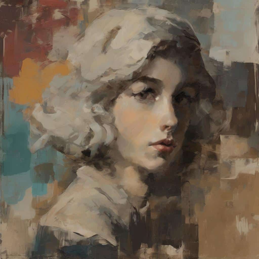 Γυναίκα με καστανά μαλλιά σε πορτραίτο, ζωγραφική από διαφορετικές εποχές, έγχρωμο art διαχρονικών καλλιτεχνών.