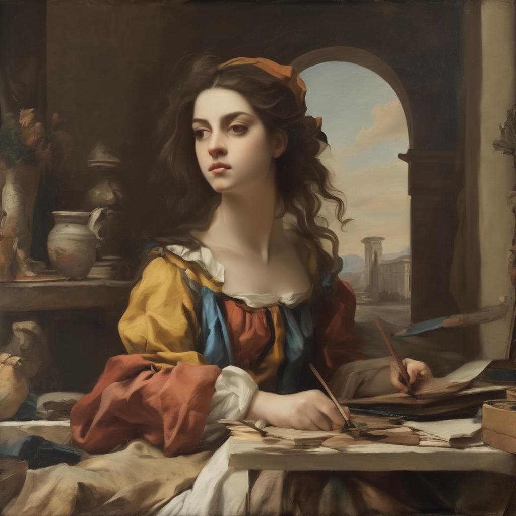 Πορτρέτο γυναίκας ζωγράφου από την εποχή της Αναγέννησης, σε κλασικό ύφος, με καλλιτεχνικό περιβάλλον.