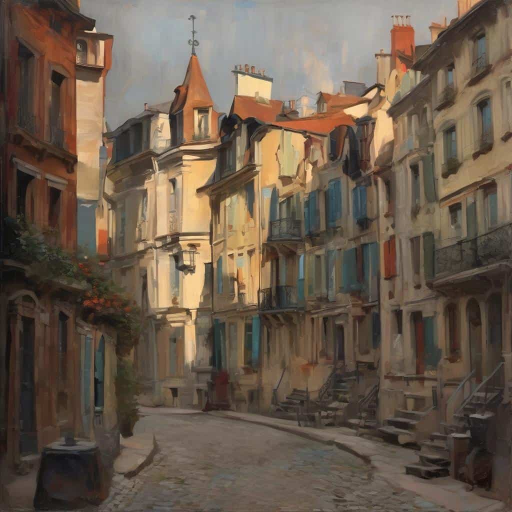 Ονειρική εικόνα παλιάς ευρωπαϊκής γωνιάς με ιστορικά κτίρια και πλακόστρωτο δρόμο, εμπνέει καλλιτεχνικές βιογραφίες.
